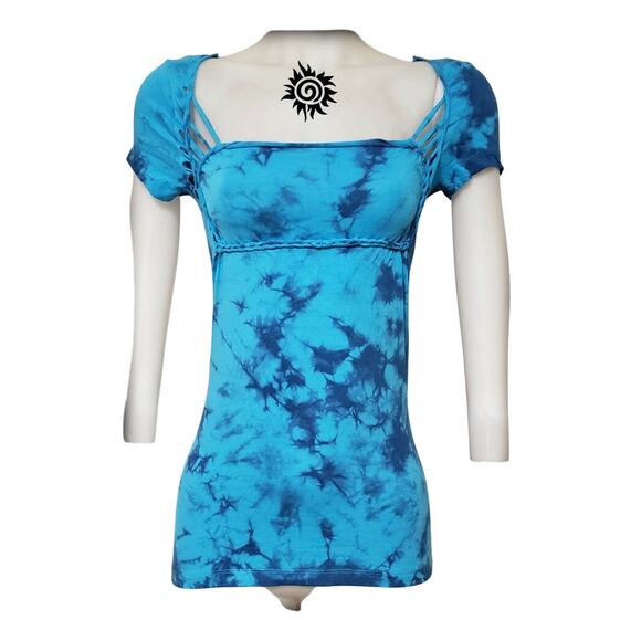 SEA LOVE - LARGE - Women's/Juniors Cut and Weaved Navy Blue and Turquoise Top - Picture 4 of 6